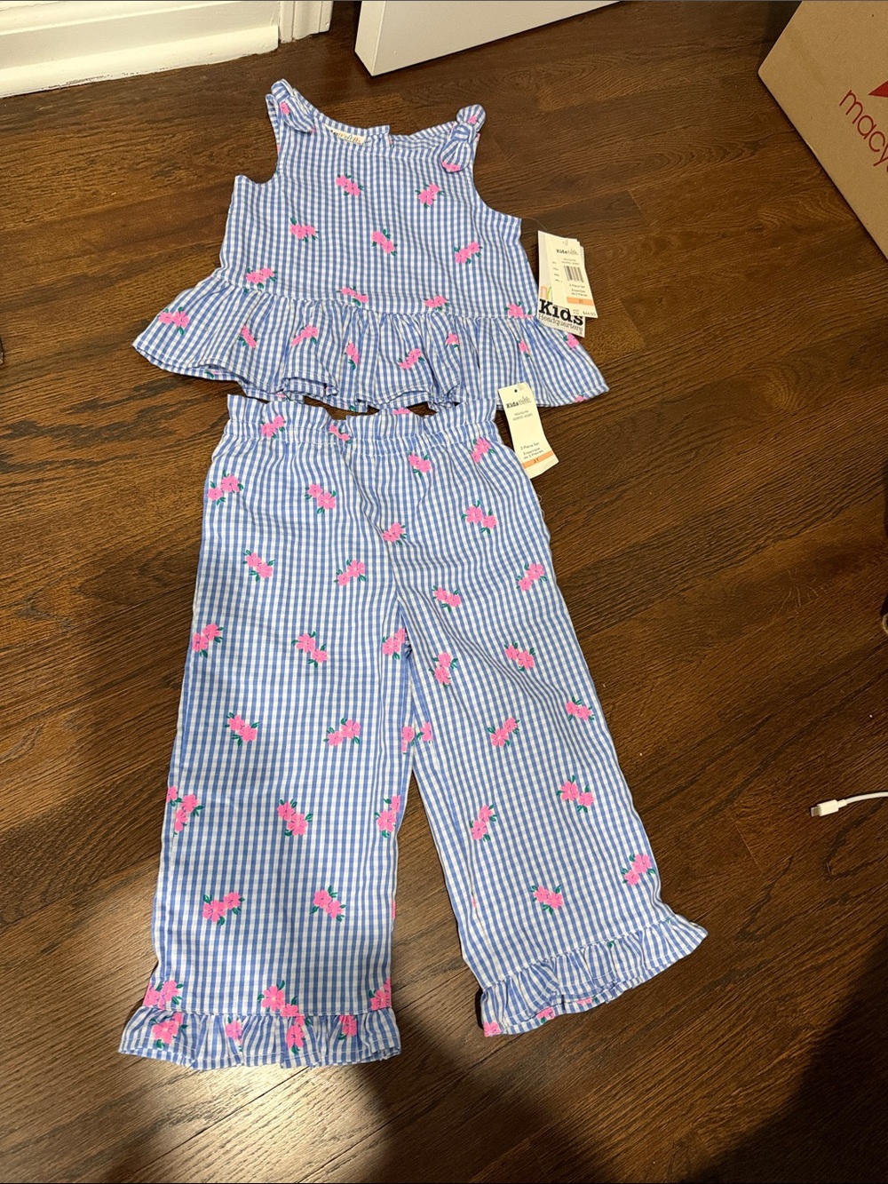 NWT Kids Headquarters Blue Gingham Set with Pink Floral Accents-2T